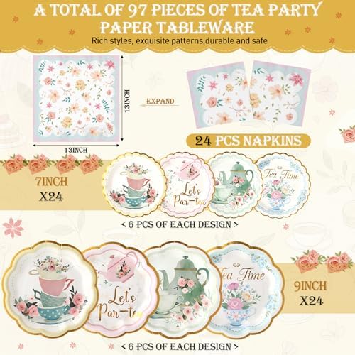 Yungyan 97 Pcs 24 Set Floral Tea Party Supplies, Tea Party Plates and Napkins Set with Tablecloth, Disposable Handle Teacups and Saucers for Birthday Wedding Bridal Shower Decorations - Image 2