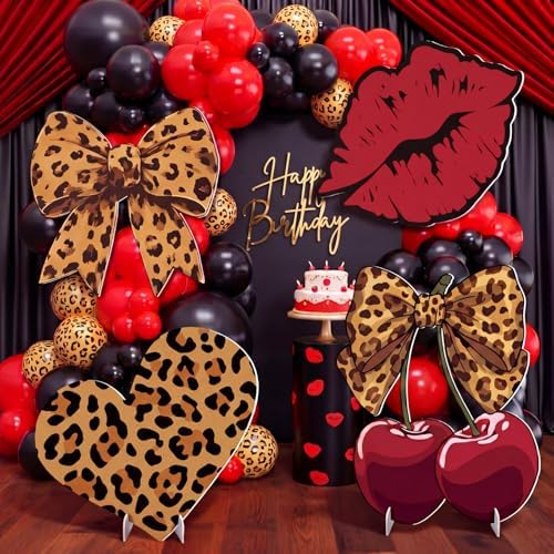 4 Pcs Large Red Cheetah Print Birthday Decoration, Y2k Leopard and Cherry Cardboard Cutout, Red and Black Cherry Cardboard Cutout Backdrop Yard Signs for Girls Women Birthday Party Supplies by Unknown