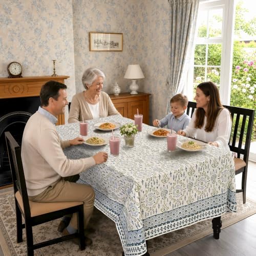 Ridhi Coastal Ikat Blue and Sage Green Hand Block Print Cotton Rectangle Tablecloth 54x54 inch Reusable Table Cover Decorative Everyday Use for Dining Room, Farmhouse, Home Gift for Spring, Summer - Image 4