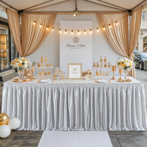 Wish Care 14ft Silver Satin Table Skirt for Rectangle Tables Wrinkle Free Teacher Desk Skirt Glitter Ruffle Table Skirting Cloth for Back to School Classroom Office Dorm Birthday Party Table Decor - Image 2