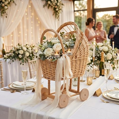 Decorative Wicker Carriage-Shaped Basket, Baby Shower Centerpiece, Large - Image 5