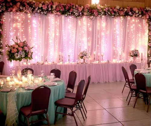 Pink Tulle Backdrop Curtains with Lights String for Parites 20ft×8ft Pink Sheer Backdrop Curtains for Baby Shower Girls Bridal Shower Birthday Party Photo Shoot Decorations(4 Panels 5×8ft) - Image 5