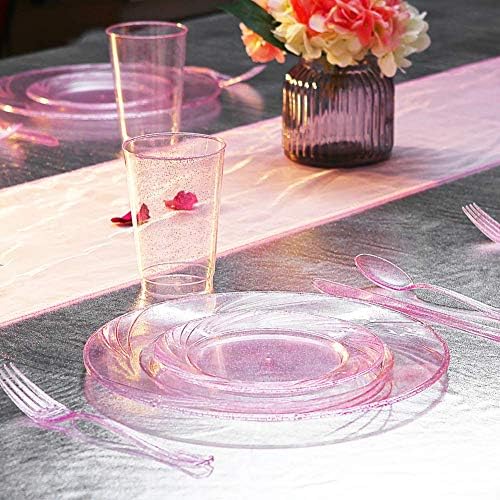 WDF Rose Gold Pink Plastic Plates with Pink Plastic Silverware include 40 Dinner & Salad Plates, 40Forks, 40 Knives, 40 Spoons for Party/Baby Shower/Wedding - Image 2