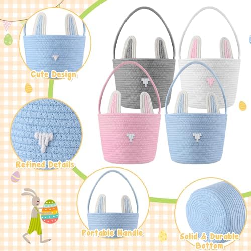 Hushee 4 Packs Easter Bunny Basket for Kids, Colorful Rabbit Woven Bag for Egg Hunts, Egg Filled Tote Bag with Handle for Boys Girls Toddler Baby Infant Easter Party Game Favors Personalized Gift - Image 3
