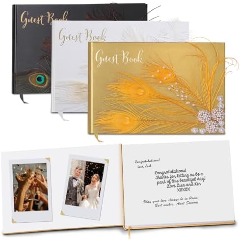 Vijiv Personalized Wedding Guest Book for Wedding Reception Signs, Bridal Baby Shower, Peacock Feather Hardcover Guestbook for Table Decoration Engagement Birthday Party Event, Photo Corners and Pen - Image 2