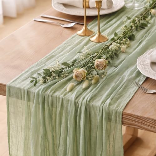 8 Pack Sage Green Cheesecloth Table Runner 120 Inch Boho Wedding Decor by Fixwal