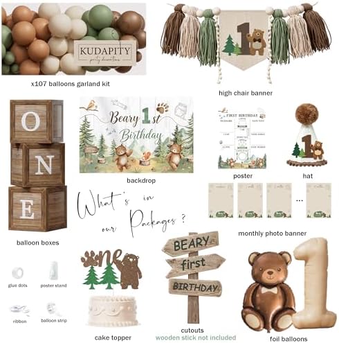 Beary First Birthday Decorations for Boy, All-In-One Woodland Bear Themed 1st Birthday Party Decorations Kit, Forest Bear Backdrop Balloon Garland Box Banner for Beary 1st Birthday Decorations Boy - Image 3