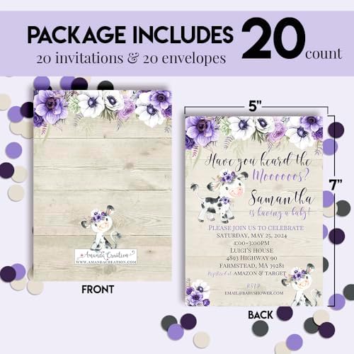 Amanda Creation Custom Baby Shower Invites Purple Cow Baby Shower Invitation 20 5x7 Custom Personalized Watercolor Invites With Envelopes - Image 4