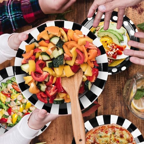 170Pieces Black and White Party Supplies Disposable Paper Plates Napkins Cups Knives Spoons Forks Plastic Tablecloths For Wedding Baby Bridal Shower New Years Decor Serve 24 - Image 3