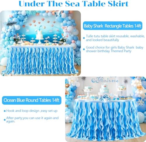 Partisky Ocean Blue Tulle Tutu Ruffle Curly Willow Table Skirt for Rectangle Table 14ft,Under The Sea Baby Shark Themed Table Cloth for Boys Girls Birthday Party or Baby Shower - Image 4