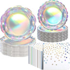 144 Pcs 48 Guests Iridescent Party Plates and Napkins Iridescent by Skybooly