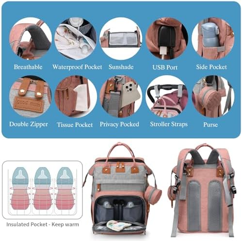 Jeryswet Baby Diaper Bags with Changing Station, Waterproof Large Capacity Diaper Bag Backpack for Moms Dads with USB Charging Port and Stroller Straps, Baby Shower Gifts, Pink-Grey - Image 5