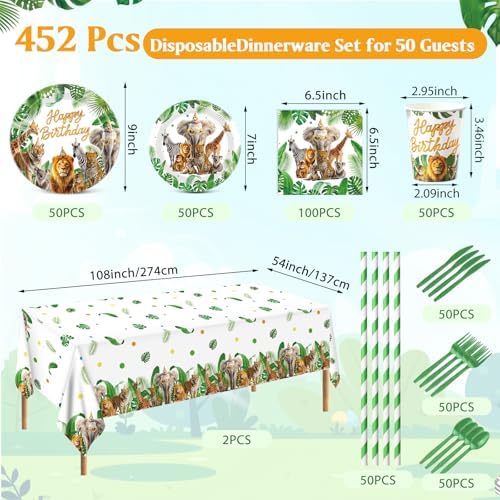 Ceenna 452 Pcs Safari Birthday Party Decorations for 50 Guests, Jungle Animals Paper Plates Napkins Cups Tablecloth Cutlery Straw Wild Animals Tableware for Zoo Theme Birthday Party Supplies - Image 3