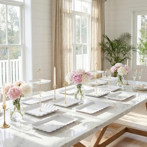 FUNSUEI 10 Pcs Dessert Table Display Set with 4 Lace Square 3-Tier Cake Stands and 6 Appetizer Trays, White Serving Trays and Display Stands for Birthday Wedding Tea Party Baby Shower - Image 5