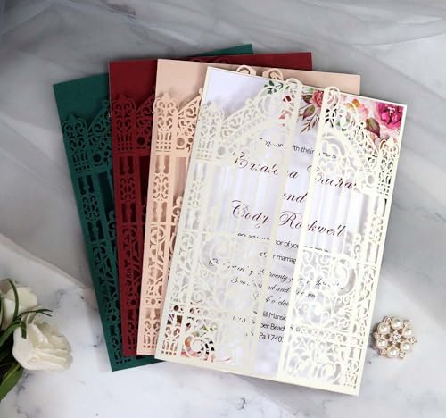 50 Pack laser Cut Marriage Gate Wedding Invitations Kits 5 × 7 Inch Invitaciones Pockets with Envelopes Inner Sheets (Rosy) - Image 5