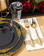 Nervure 350Pcs Black Plastic Plates, Plastic Dinnerware Set for 50 Guests - Image 6