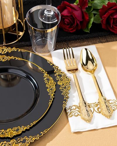 Nervure 350Pcs Black Plastic Plates, Plastic Dinnerware Set for 50 Guests - Image 6