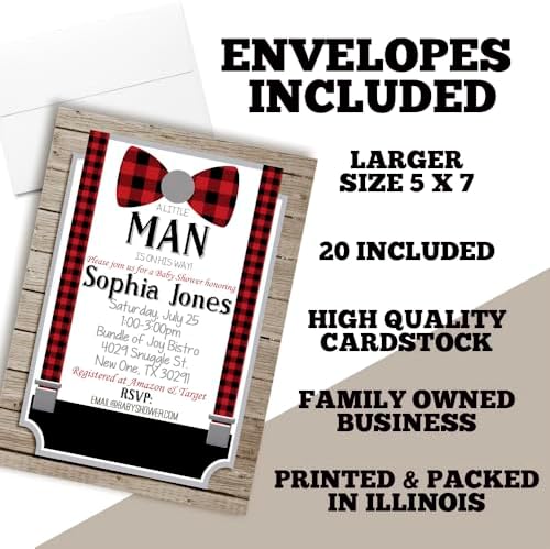 Custom Baby Shower Invites Buffalo Plaid Baby Shower Invitation 20 5x7 Custom Personalized Baby Suspenders Shower Invites With Envelopes - Unique Little Man Theme - Image 6