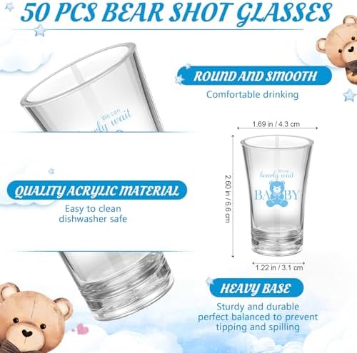 Funnymoom 50 Sets Bear Baby Shower Favors for Guests Souvenir Blue Teddy Bear Birthday Party Supplies We Can Bearly Wait Acrylic Clear Shot Glasses Thank You Tags with Organza Bags for Gender Reveal - Image 2