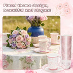 FillTouch 100 Sets Pink Floral Paper Tea Cups and Saucers Disposable Paper Tea Party Supplies 9 oz Cups with Handle and Saucer for Birthday Wedding Party Decorations - Image 4