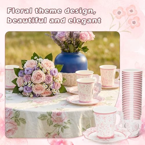 FillTouch 100 Sets Pink Floral Paper Tea Cups and Saucers Disposable Paper Tea Party Supplies 9 oz Cups with Handle and Saucer for Birthday Wedding Party Decorations - Image 4