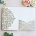Hosmsua 50PCS Silver Glitter Wedding Invitation Pocket, 5.12 x 7.2 Tri-fold Laser Cut Lace Flora Invitation Pockets with Envelopes for Wedding Bridal Shower Quince Anos (No Inner Sheet) by Hosmsua