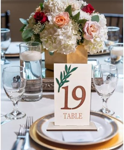 Wedding Table Numbers 1-20, Green Leaf Wooden Table Number Signs with Base - Image 2