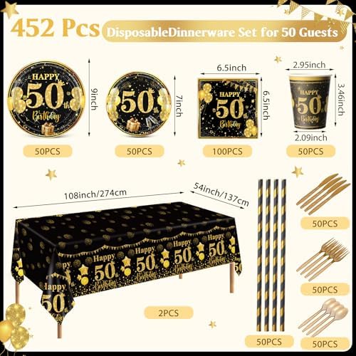 Ceenna 452 Pcs 50th Birthday Party Decoration Men for 50 Guests, Happy Black Gold 50th Birthday Paper Plates Napkins Cups Tablecloth Cutlery Straw Cheers to 50 Tableware Party Supplies for Women Men - Image 3