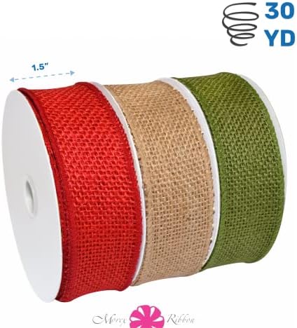 Morex Natural Burlap Wired Ribbon for Decorations, Holidays, Parties, Home and Outdoor Decor, 1.5" x 30 Yd, Natural/Green/Red - Image 2