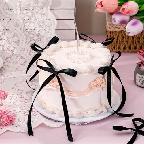 JarThenaAMCS 6 Inch Fake Cake with Black Bows Round Artificial Cake Coquette Dessert Decor for Birthday Wedding Party Display Photo Props Supplies - Image 3