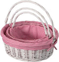 WICKERWISE Traditional White Round Willow Gift Basket with Pink and White Gingham Liner and Sturdy Foldable Handles, Food Snacks Storage Basket, Set of 3 by Wickerwise