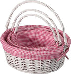 WICKERWISE Traditional White Round Willow Gift Basket with Pink and White Gingham Liner and Sturdy Foldable Handles, Food Snacks Storage Basket, Set of 3 by Wickerwise