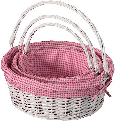 WICKERWISE Traditional White Round Willow Gift Basket with Pink and White Gingham Liner and Sturdy Foldable Handles, Food Snacks Storage Basket, Set of 3 by Wickerwise