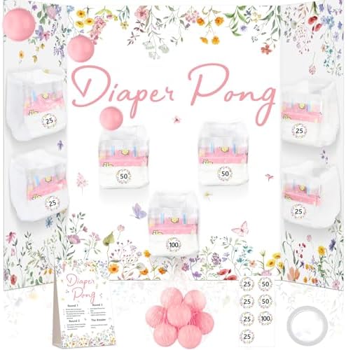 Wildflower Baby Shower Diaper Game Set Baby Shower Favor 1 Spring Floral Games Board Diapers 10 Pink Plastic Balls 1 Wildflower Game Instruction Sign for Flower Gender Reveal Games Decoration by Oitnlaughter