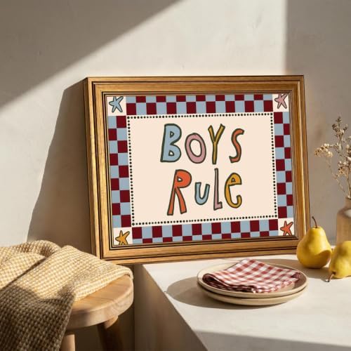 Boys Rule Wall Art Funny Kids Quote Wall Decor Picture Vintage Checkerboard Sign Poster Canvas Painting Print for Boys Bedroom Playroom Nursery 24x16 inch Gold Framed - Image 6