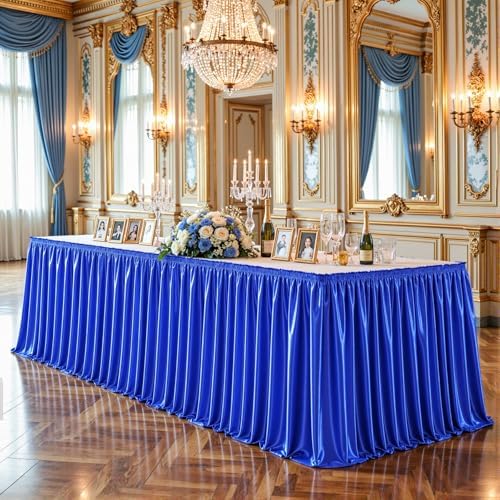 14ft Length Royal Blue Satin Table Skirt for Rectangle Tables, Wrinkle Resistant Pleated Ruffle Table Cloth Glitter Desk Skirting for Weddings Banquet Birthday Party Stage Decorations - Image 5