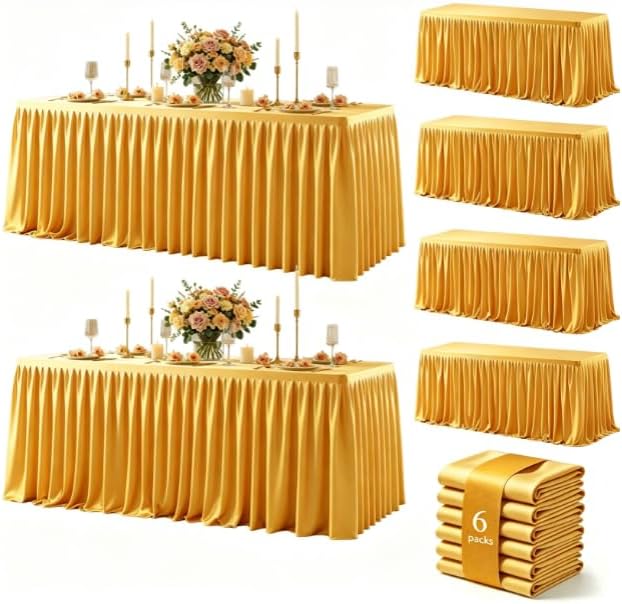 Gold Polyester Table Cloths for Rectangle 6 Foot Tables, 6 Pack Wrinkle Free Tablecloths Stretchy Banquet Ruffle Fitted Table Cover Desk Skirt for Parties Wedding Birthday Baby Shower by Unknown