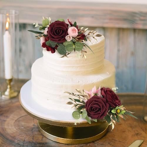 Rinlong 3Pcs Premade Cake Flowers, Burgundy Wedding Cake Decor - Image 4