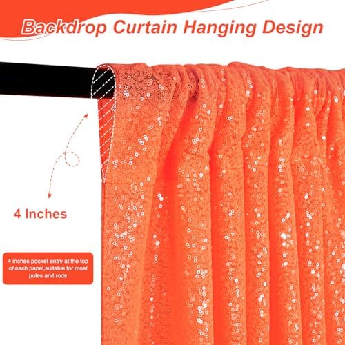 Orange Glitter Sequin Backdrop Curtains 2 Pcs 5FTx10FT Baby Shower Party Backdrop for Boy Gorgeous Photography Fabric Drapes - Image 3