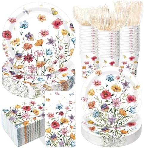 400 Pcs Wild Floral Disposable Paper Plates Napkins Cups Serve 50 Watercolor Floral Tableware Set for Spring Wedding Tea Party Decoration Bridal Shower Baby Shower(Cute Color,Novel Style) by Sunnychicc