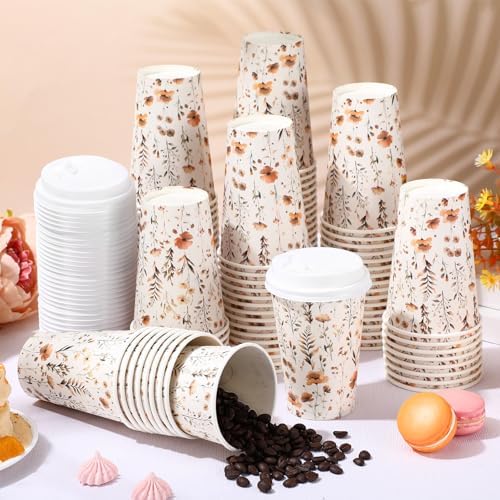 Funnymoom 100 Pieces Fall Floral Disposable Paper Cups with 120 Lids 12 oz Coffee Wildflower Coffee Cups for Autumn Floral Themed Birthday Bridal Wedding Tea Party Baby Shower Party Decorations - Image 5