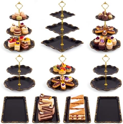 10 Pcs Cupcake Stand,Dessert Table Display Set with Gold Rim,3 x Three-Tier and 3 x Two-Tier Cake Stands,4 x Appetizer Serving Trays for Birthday, Wedding, Baby Shower,Tea Party (Black) by Unknown