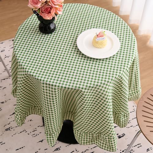 vctops Farmhouse Sage Green Gingham Ruffle Table Cloth, Boho Cotton Linen Tablecloth, Washable Table Cover for Round Table Baby Shower Kitchen Party Wedding Decor (Sage Green,70") - Image 3