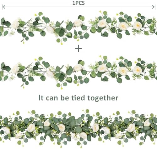 TOCHGREEN 4 Pack Artificial Eucalyptus Flower Garland with White Roses - Image 5