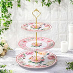 Lallisa Pink Floral Party 3 Tier Dessert Stand 10", 9" and 7" Ceramic Serving Tray Dessert Cupcake Display Holder Tower for Wedding Baby Bridal Shower Tea Party Decoration by Lallisa