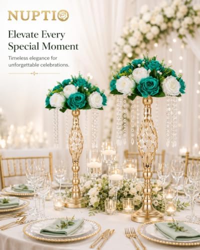 NUPTIO Flower Wedding Centrepieces for Tables - 6 Pcs 9.5in Diameter Teal & White Artificial Flowers Rose Ball for Centerpieces Table - Fake Rose Arrangements for Weddings Birthday Party Decorations - Image 2