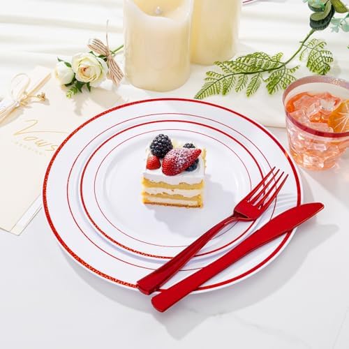 WELLIFE 210 Piece Red Plastic Dinnerware Set, Disposable Plates for Party,Include: 30 Dinner Plates, 30 Dessert Plates, 30 Pre Rolled Napkins with Gold Silverware and 30 Gold Cups - Image 4