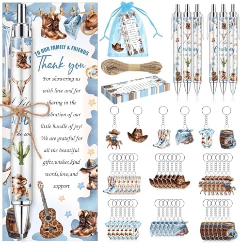 289 Pieces Cowboy Baby Shower Favors for Guest A Little Cowboy is On the Way Ballpoint Pens and Keychains Gifts Bulk Retractable Baby Shower Pens Gender Reveal Greeting Cards Souvenirs Prizes by EYNDYN