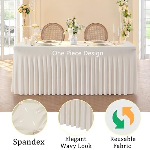 8pk Spandex Ivory Tablecloths for 6 Foot Rectangle Tables, Stretch Table Cloths 6ft Fitted Table Cover Desk Skirt for Parties Weddings Birthday Banquet Baby Shower - Image 3