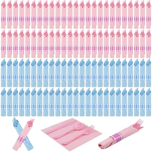 100Pack Pre Rolled Gender Reveal Cutlery Set with Napkins by conglow